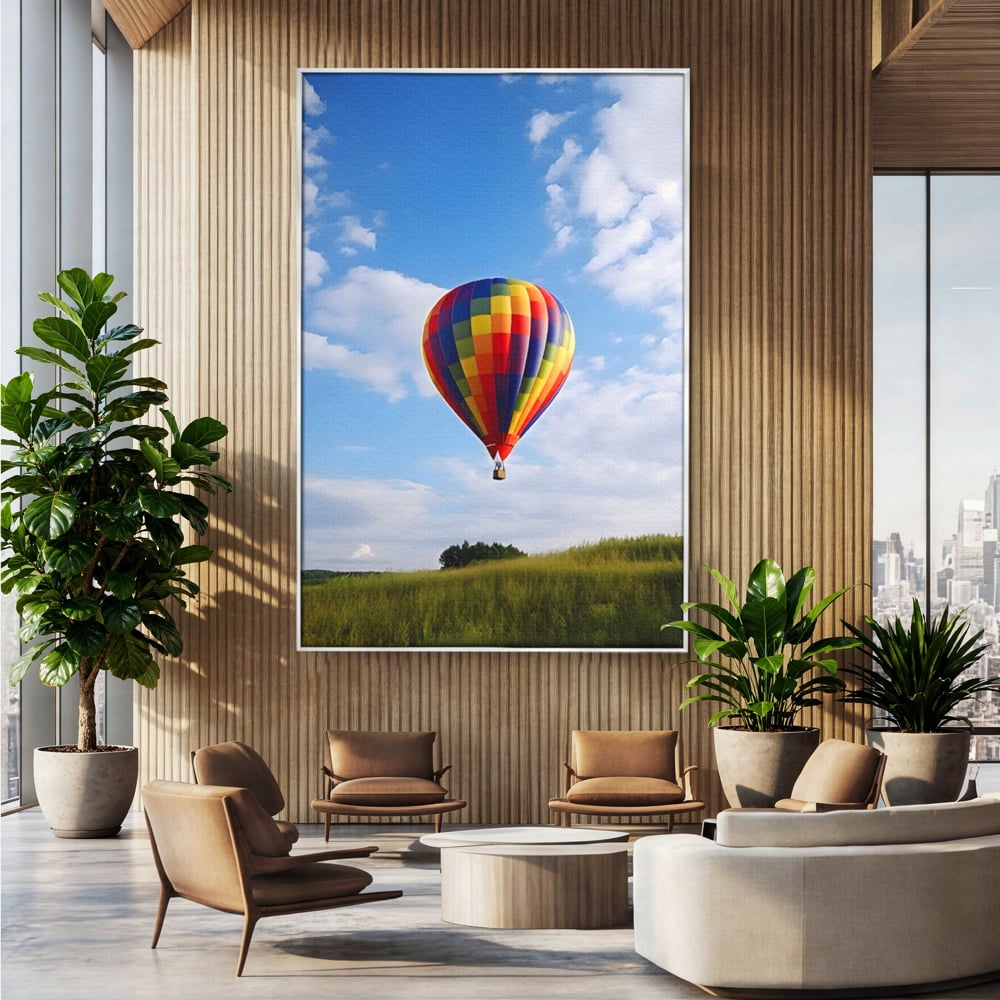 Tablou canvas cu tablou canvas cu balon cu aer cald, in rama de aluminiu argintiu, pe perete intr-un birou